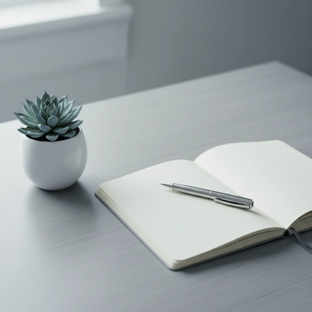 A calm organised workspace with a notepad, pen and small potted plant on a light wooden desk