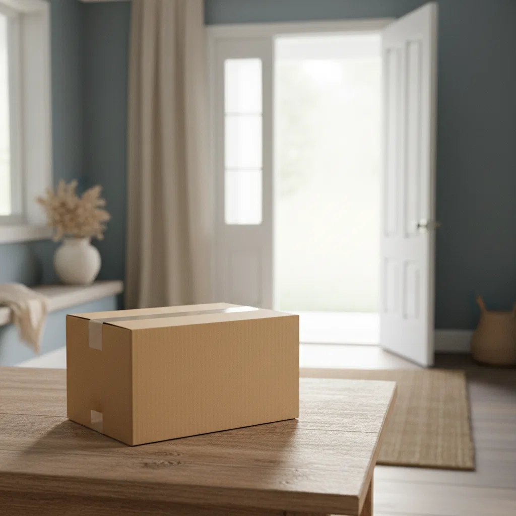 A neat plain kraft cardboard parcel box on a doorstep table near a bright entryway, no text or logos