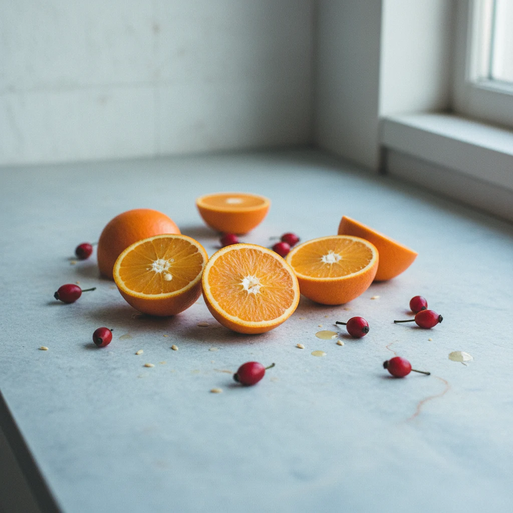 Fresh oranges and rosehips arranged on a light stone kitchen counter, wide still life composition