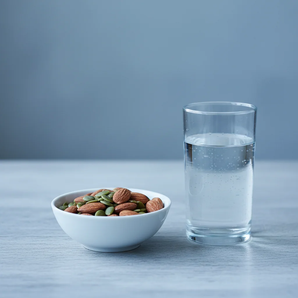 A ceramic bowl of almonds and pumpkin seeds next to a glass of mineral water on a wooden table