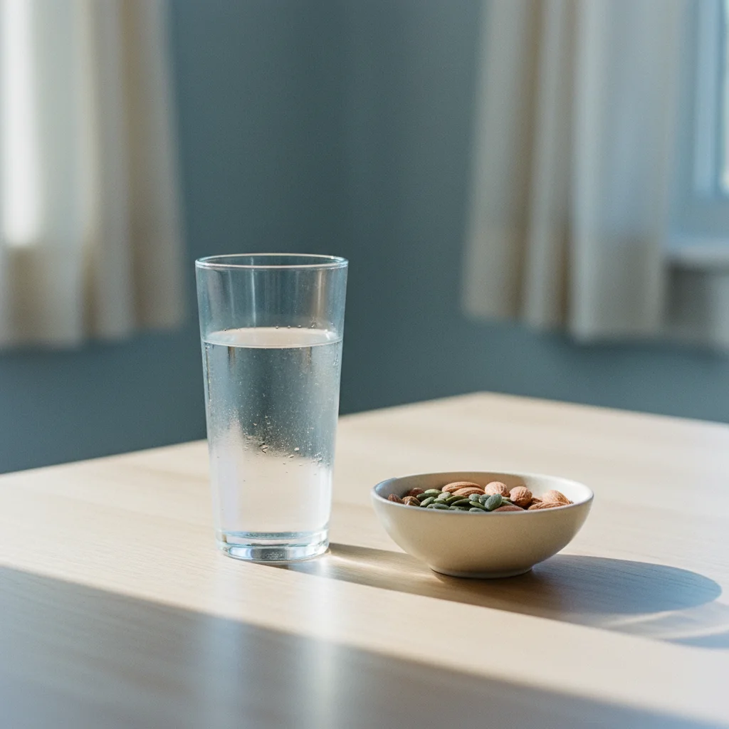 A glass of water and a bowl of almonds and seeds on a bright kitchen table, soft morning light