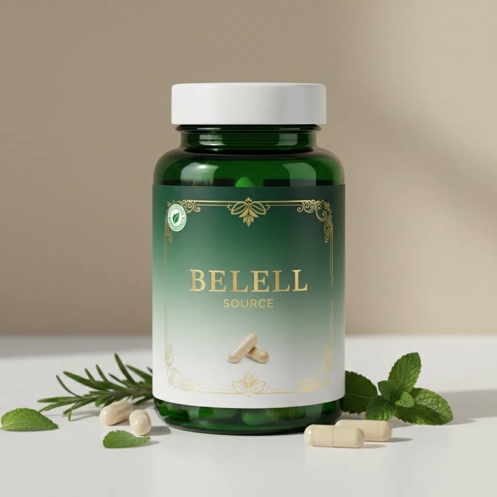 Belell Source dark green glass supplement jar with silver lid and branded label on a clean studio background